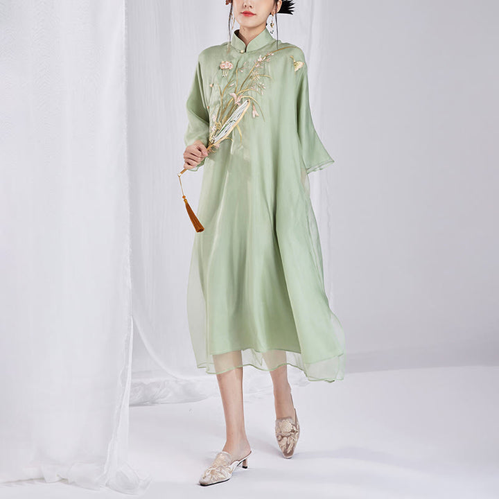 Buddha Stones 100% jedwab morwowy 6 Momme Sukienka Vintage Flower Butterfly Haft Qipao Sukienka damska Cheongsam - image 11