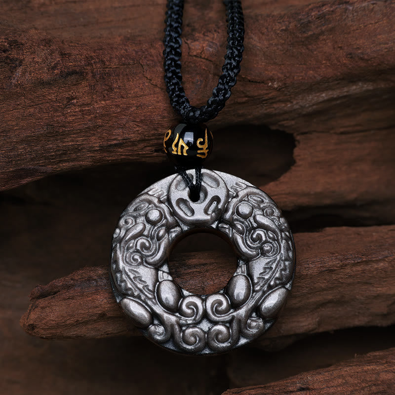 Buddha Stones Naturalny Srebrny Połysk Obsydian Podwójny PiXiu Miedziana Moneta Pokój Klamra Ochrona Naszyjnik Wisiorek - Obsydian o srebrnym połysku (komunikacja ♥ uspokajający) - image 1