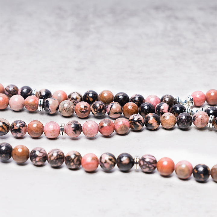 Buddha Stones 108 Koralików Mala Rodonit Lotos Współczucie Bransoletka Energetyczna