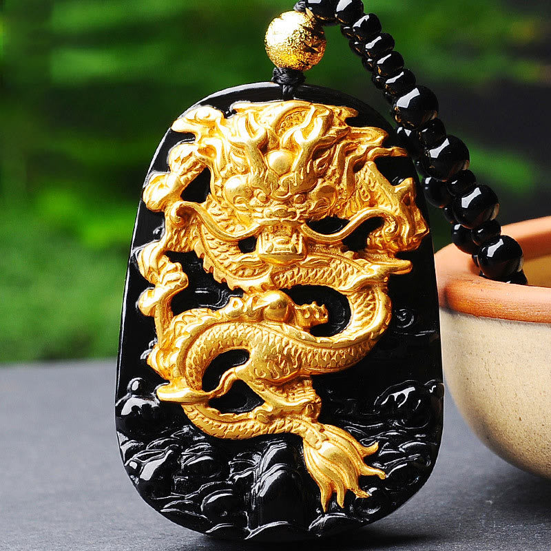 Naszyjnik z zawieszką na szczęście z Buddha Stones 18k pozłacany smokiem obsydian - image 1