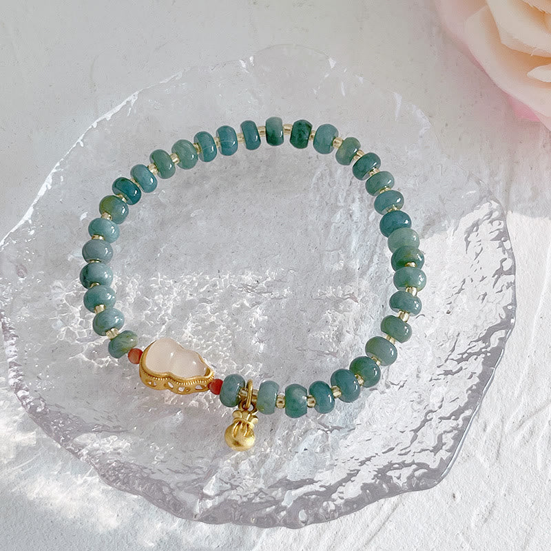Buddha Stones Naturalne Hetian Jade Pearl Peace Buckle Fu Character Gourd Money Bag Truskawkowy Kwarc Bransoletka PiXiu Luck