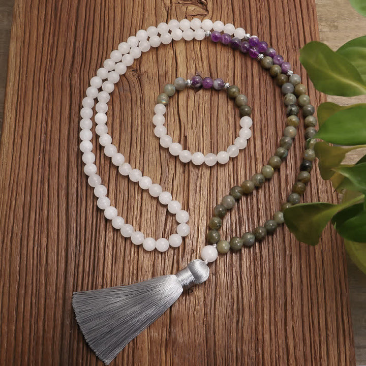 Buddha Stones 108 Mala Beads Biały Agat Ametyst Czarny Brokat Bransoletka Ochronna Kamienia