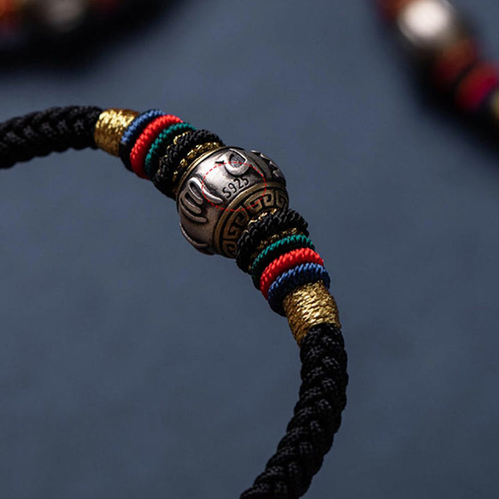 Buddha Stones 925 Srebro Sterlingowe Tybet Ręcznie Robione Om Mani Padme Hum Ochrona Szczęścia Bransoletka King Kong Knot Braided