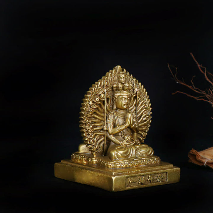Chenrezig Tysiącręka Figurka Awalokiteśwary Dwustronna Ochrona Kuan Yin Bodhisattwa Solidna Miedziana Statuetka Dekoracja