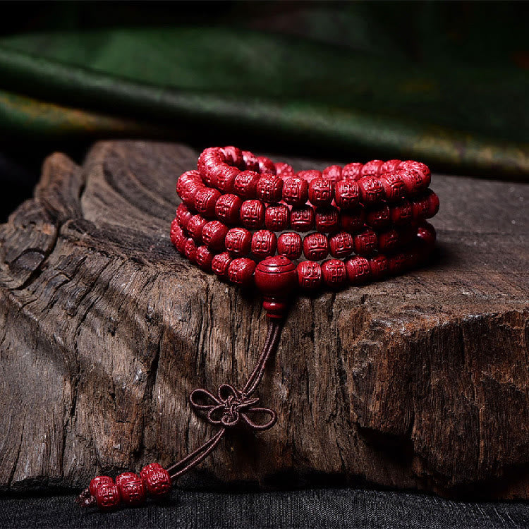 Buddha Stones 108 Mala Koraliki Cynober Om Mani Padme Hum Wzór Grawerowana Bransoletka Błogosławieństwa