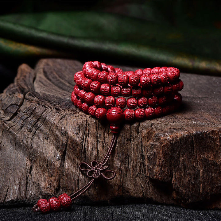 Buddha Stones 108 Mala Koraliki Cynober Om Mani Padme Hum Wzór Grawerowana Bransoletka Błogosławieństwa