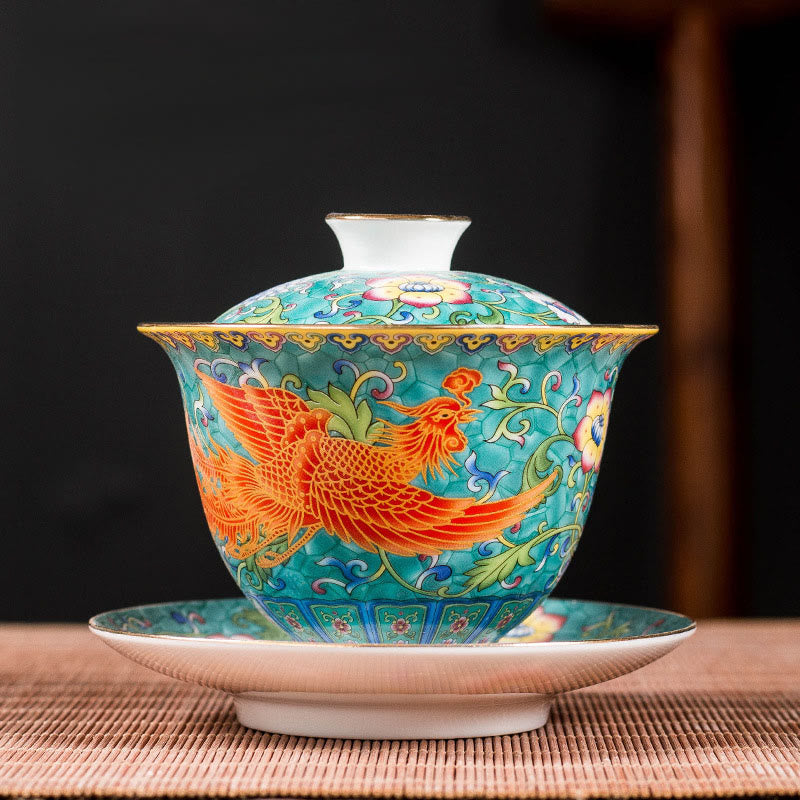 Buddha Stones Smok Feniks Kwiat Projekt Ceramiczny Gaiwan Sancai Filiżanka Kung Fu Filiżanka Do Herbaty I Spodek Z Pokrywką - image 2