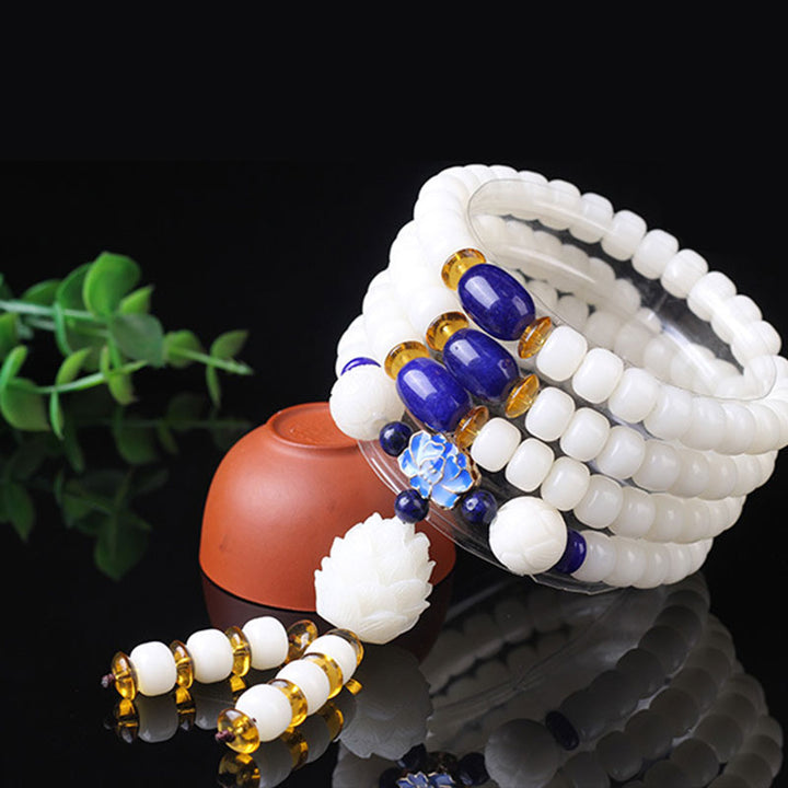 Buddha Stones Białe Nasiona Bodhi Mala 108 Koralików Bransoletka Szczęścia
