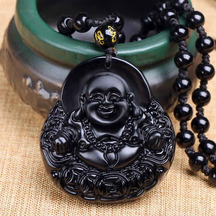 Naszyjnik z Buddha Stones Śmiejący się Budda Czarny Obsydian Siła Ochrona - Czarny obsydian - image 1