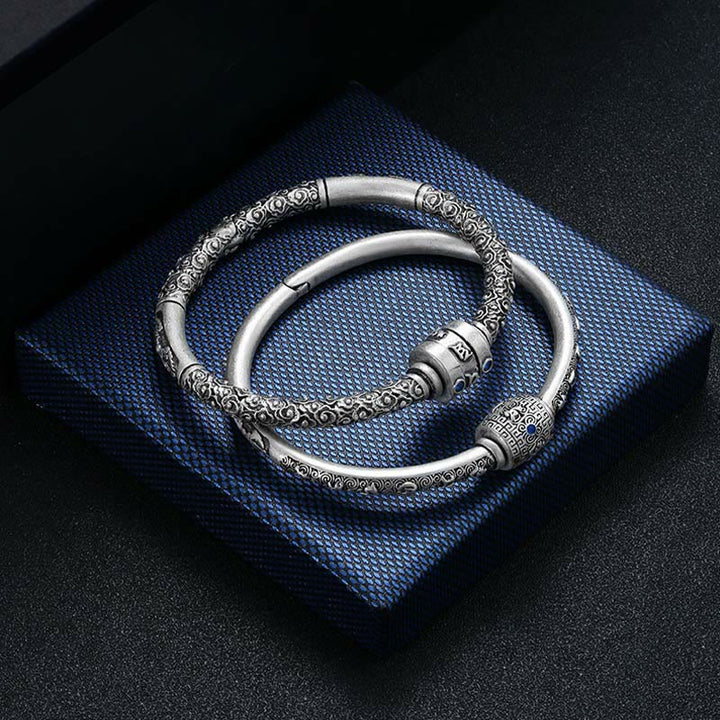 Buddha Stones 990 Srebro Sterling Tybetańskie Pomyślne Chmury Om Mani Padme Hum Grawerowana Bransoletka Kreatywności Bangle