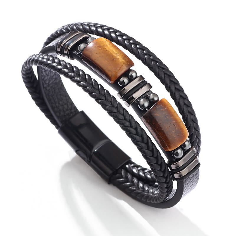 Bransoletka ze skóry wielowarstwowej z zapięciem magnetycznym i Buddha Stones Tiger Eye Power - Dwa kamienie tygrysiego oka - 19-21 cm - image 4