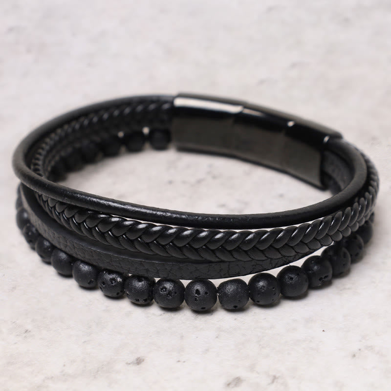 Bransoletka skórzana z Buddha Stones Natural Lava Rock Black Onyx Bead