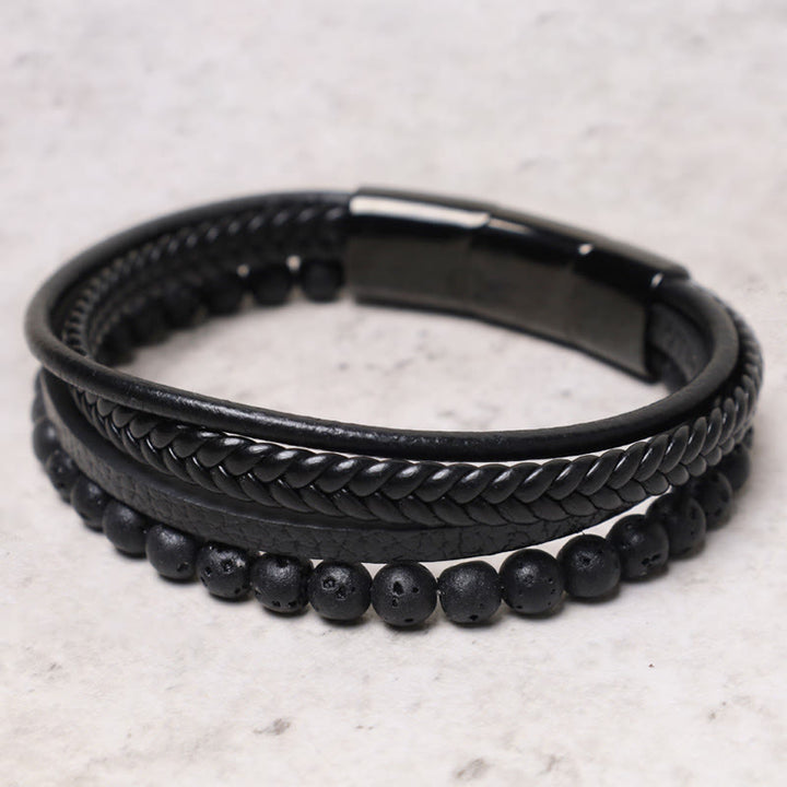 Bransoletka skórzana z Buddha Stones Natural Lava Rock Black Onyx Bead