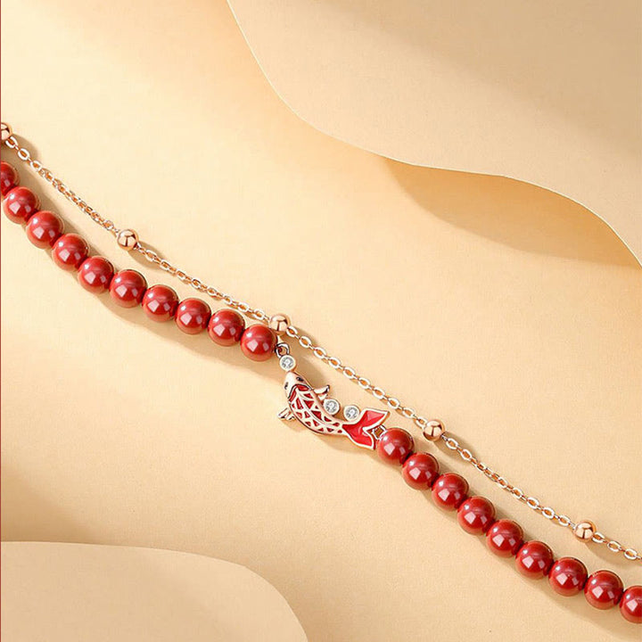 Bransoletka z podwójnym łańcuszkiem Buddha Stones 925 Sterling Silver Lucky Koi Fish Cinnabar Zircon Prosperity