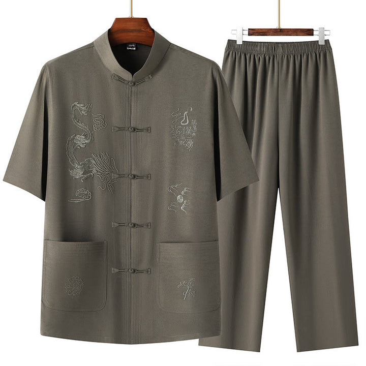 Buddha Stones Tang Suit Hanfu Chiński Smok Tradycyjny Kung Fu Jednolity Krótki Rękaw Topy i Spodnie Odzież Męska Zestaw - Zieleń wojskowa - US/UK/AU44， EU54 (4XL) - image 2