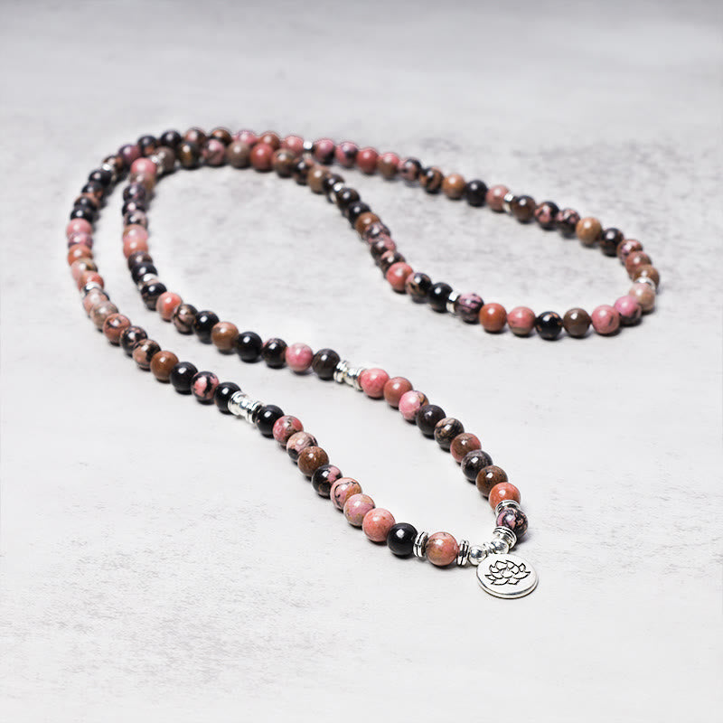 Buddha Stones 108 Koralików Mala Rodonit Lotos Współczucie Bransoletka Energetyczna