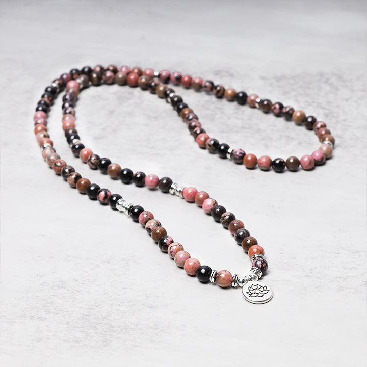 Buddha Stones 108 Koralików Mala Rodonit Lotos Współczucie Bransoletka Energetyczna