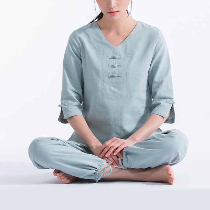 Buddha Stones Joga Medytacja Modlitwa Dekolt w serek Projekt Bawełna Len Odzież Jednolita Praktyka Zen Zestaw Damski