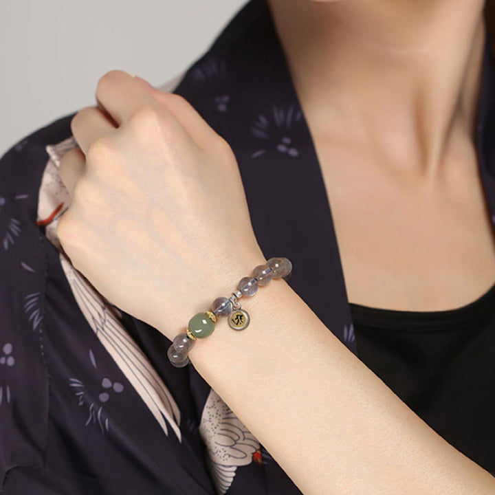 Buddha Stones Chiński Zodiak Natal Budda 925 Srebro Sterling Naturalny Kamień Księżycowy Hetian Jade Pozytywna Bransoletka