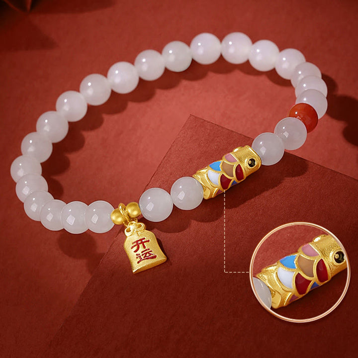 Buddha Stones 925 Srebro Sterlingowe Hetian Biały Jade Czerwony Agat Koi Ryba Szczęście Bransoletka