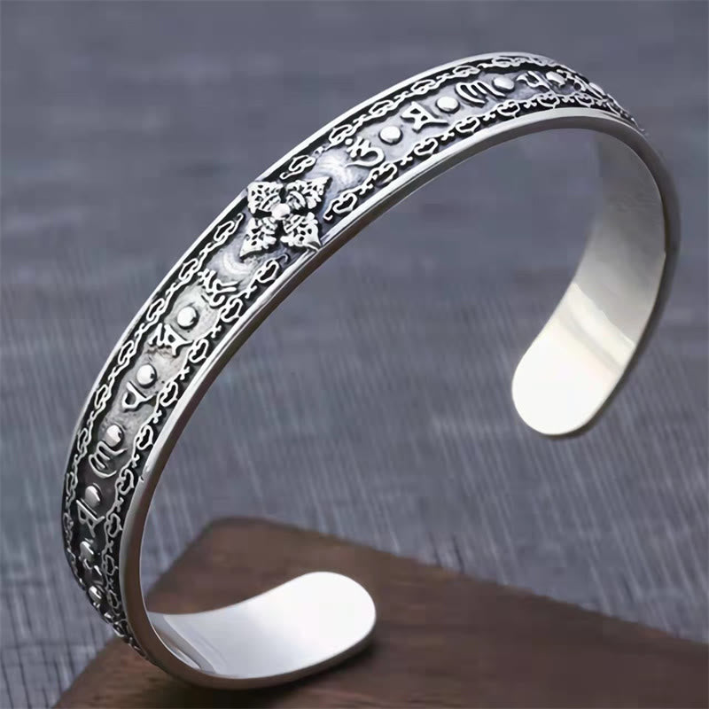 Buddha Stones 925 Srebro Sterlingowe Om Mani Padme Hum Podwójna Dorje Grawerowana Mądrość Bransoletka Mankiet Bangle