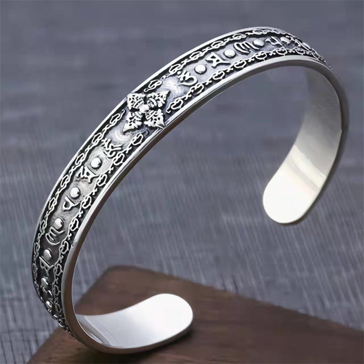 Buddha Stones 925 Srebro Sterlingowe Om Mani Padme Hum Podwójna Dorje Grawerowana Mądrość Bransoletka Mankiet Bangle