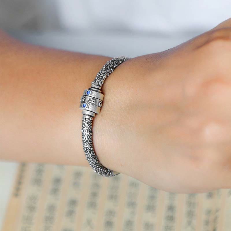 Buddha Stones 990 Srebro Sterling Tybetańskie Pomyślne Chmury Om Mani Padme Hum Grawerowana Bransoletka Kreatywności Bangle