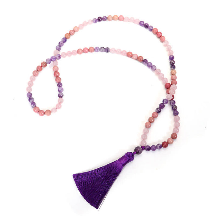 Buddha Stones 108 Mala Beads Ametyst Różowy Kwarc Duchowe Uzdrawiające Bransoletka z Chwostem