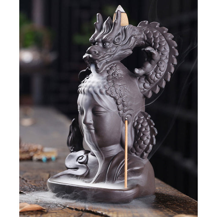 Buddha Stones Smok Budda Pomyślne Chmury Fioletowa Glina Uzdrawiająca Kadzielnica Dekoracja