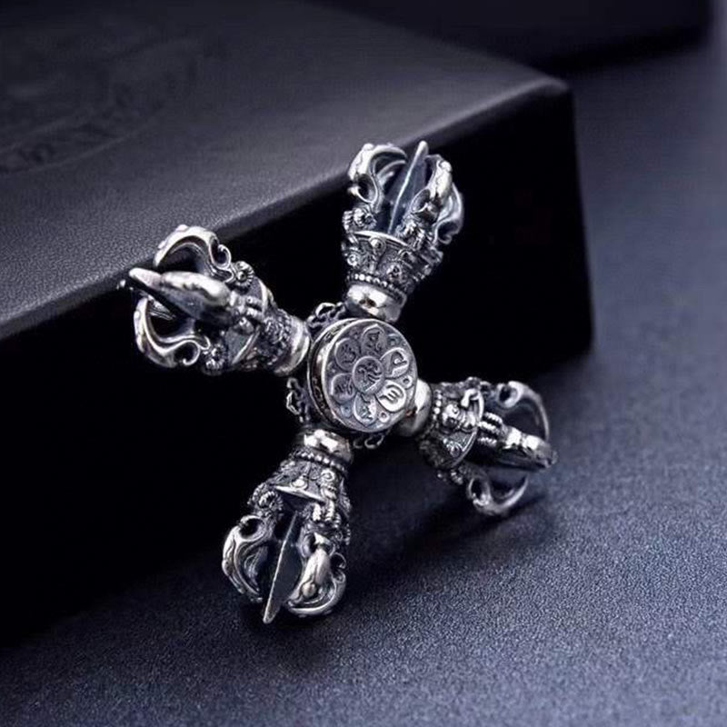 Buddha Stones Tybetańskie 925 Srebro Podwójne Dorje Wadżra Grawerowane Wisiorki Mocy Duchowej - image 1