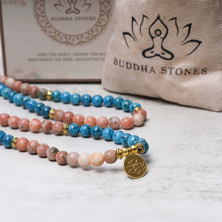 Buddha Stones 108 Mala Koraliki Apatyt Czerwony Kamień Lotos Medytacja Modlitwa Bransoletka Koraliki