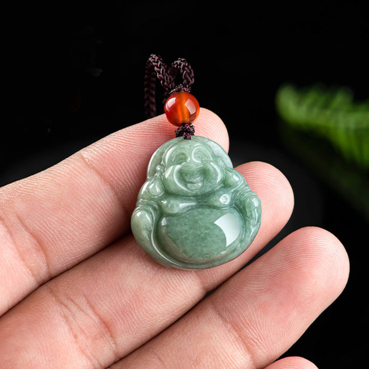 Buddha Stones Śmiejący się Budda Cyjan Jade Naszyjnik Sukcesu Wisiorek Sznurkowy - image 4
