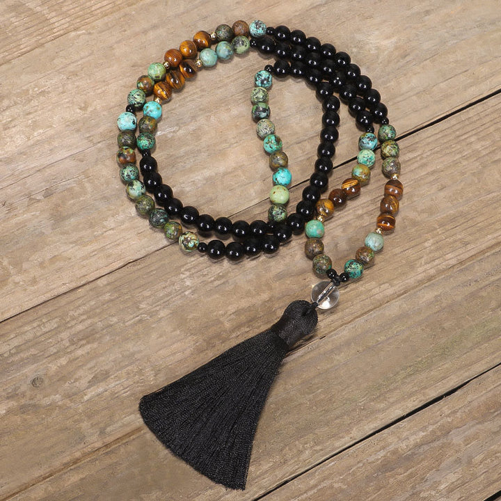 Buddha Stones 108 Koraliki Mala Naturalny Kamień Tygrysie Oko Turkus Ochrona Siła Bransoletka Naszyjnik