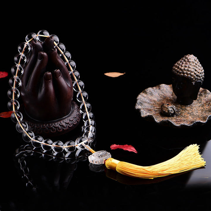 Buddha Stones Naturalny Biały Kryształ Lotosu Nadgarstek Mala Medytacja Frędzle Kieszonkowa Mala Dekoracja Samochodu