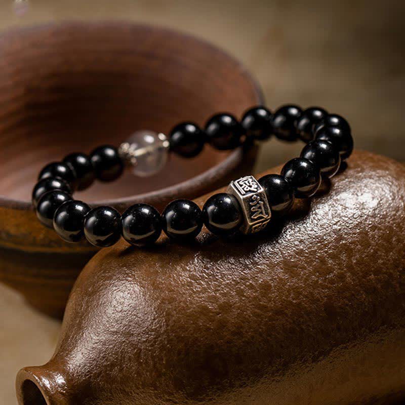 Chiński zodiak Natal Buddha 925 Srebro Sterling Czarny Obsydian Moonstone Bransoletka Siła