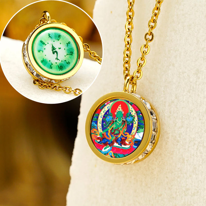 Buddha Stones Tybetański Żółty Bóg Bogactwa Zielona Tara Budda Spokój Naszyjnik Wisiorek Ze Stali Tytanowej - Przód Zielona Tara Tył Mantra - image 13