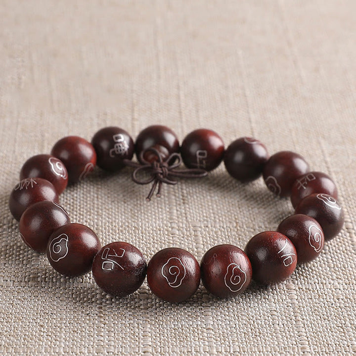 Buddha Stones 925 Srebro Inkrustowane Małymi Liśćmi Czerwonego Sandału Om Mani Padme Hum Charakter Pomyślne Chmury Bransoletka Ochronna