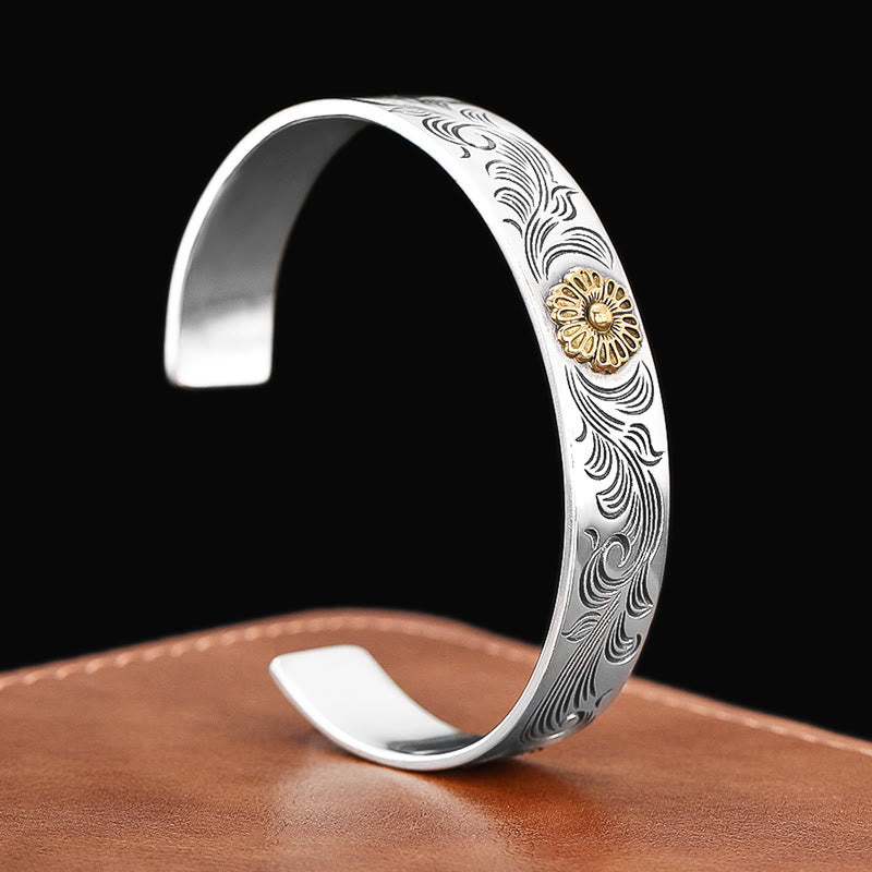 Buddha Stones Dynastia Tang Kwiat Projekt Róży Kwiat Pióro Rzeźbiona Miedziana Bransoletka Szczęścia Bangle