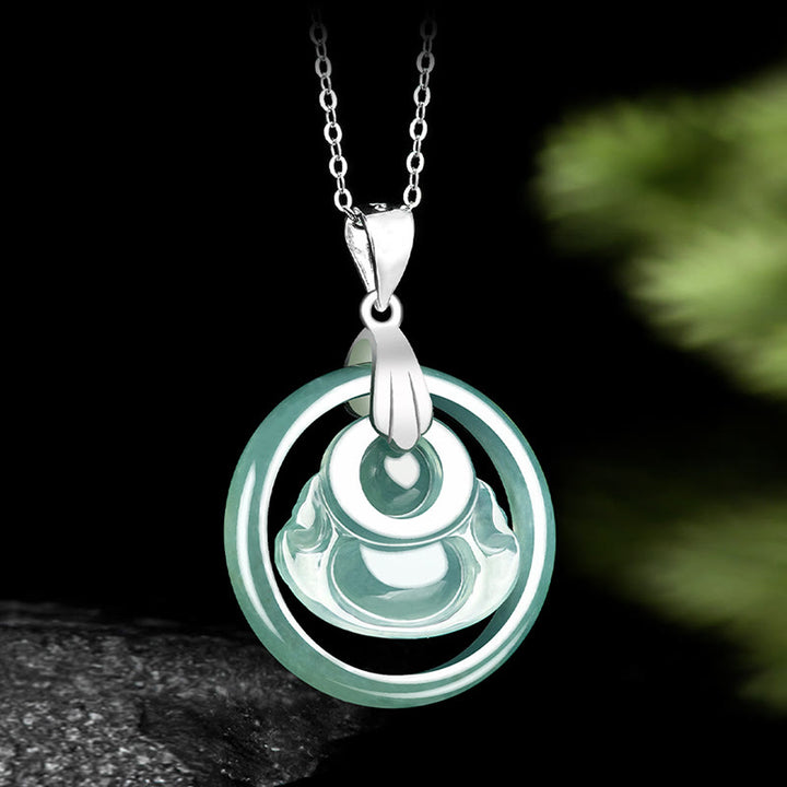 Naszyjnik z Buddha Stones z naturalnego jadeitu, okrągły, śmiejący się Budda, obfitość, tytanowa stal, łańcuszek - image 4