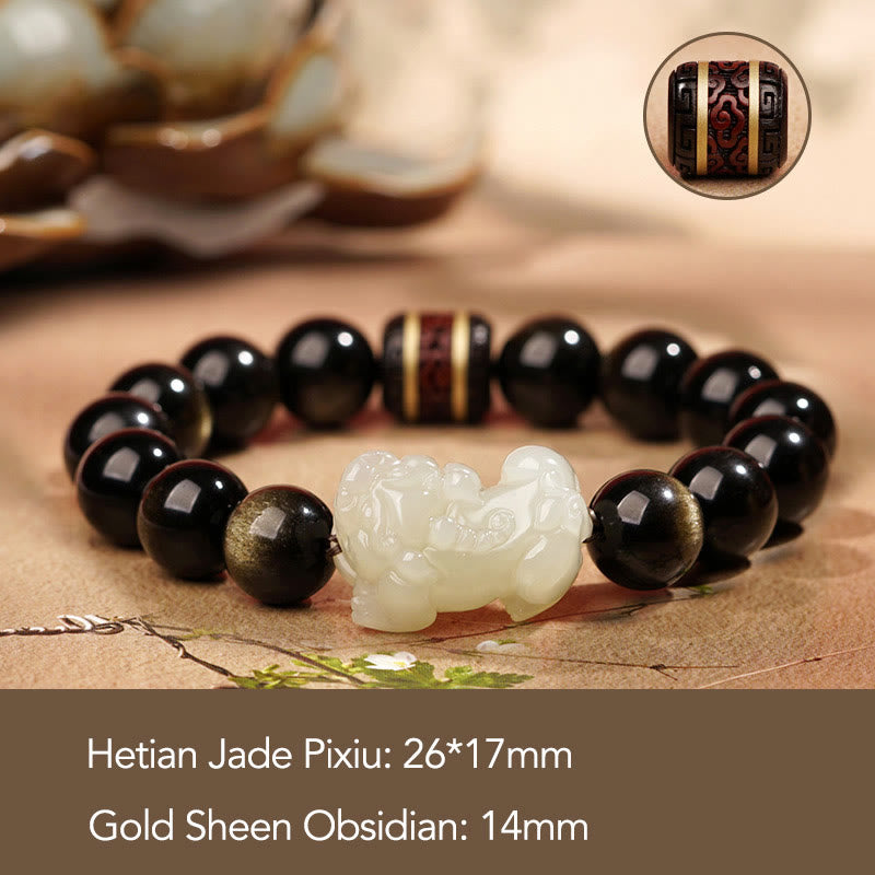 Buddha Stones Naturalny Złoty Połysk Obsydian Hetian Cyjan Jadeit Biały Jadeit Bransoletka PiXiu Wealth
