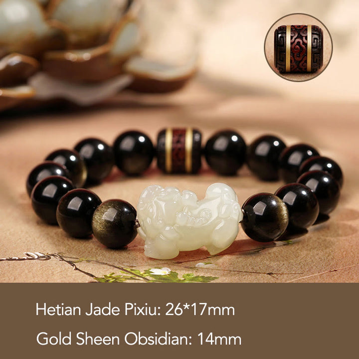 Buddha Stones Naturalny Złoty Połysk Obsydian Hetian Cyjan Jadeit Biały Jadeit Bransoletka PiXiu Wealth