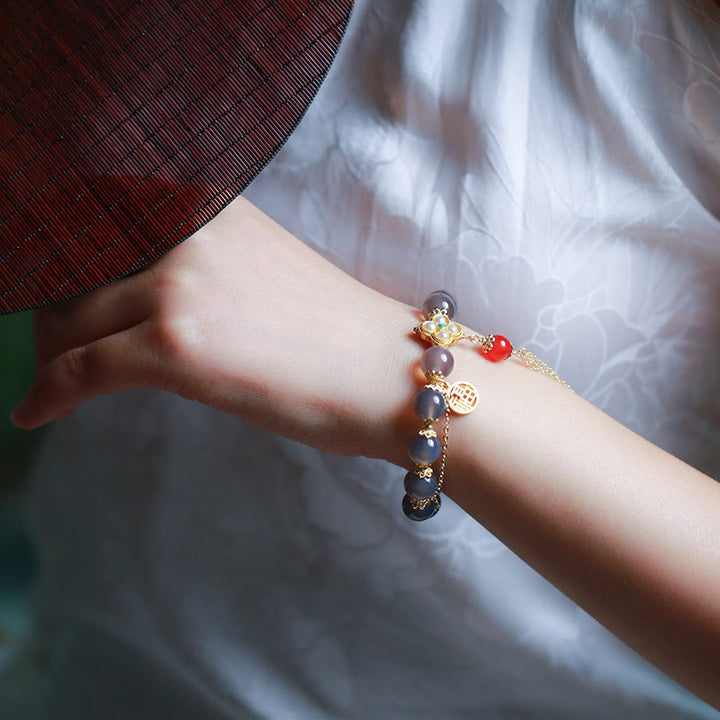 Bransoletka z pereł Fu Character Tassel Balance z Buddha Stones w kolorze szarym i agatem