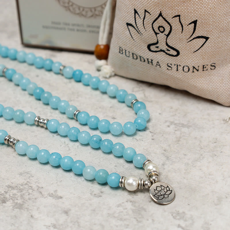 Buddha Stones Naturalny Kamień Amazonitowy Uzdrawiająca Bransoletka Lotos Mala