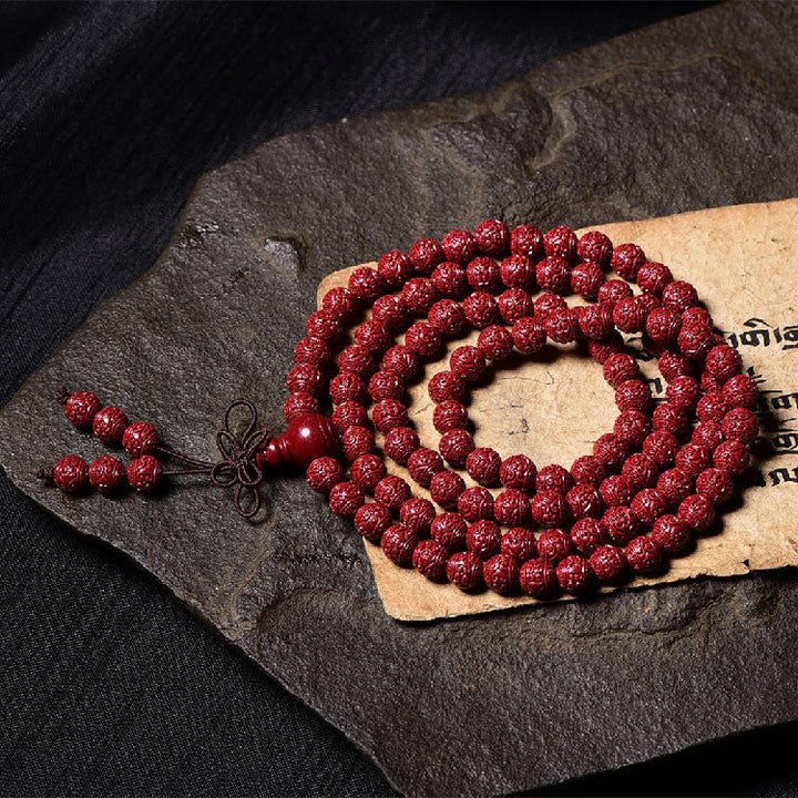 Buddha Stones 108 Mala Koraliki Cynober Om Mani Padme Hum Wzór Grawerowana Bransoletka Błogosławieństwa