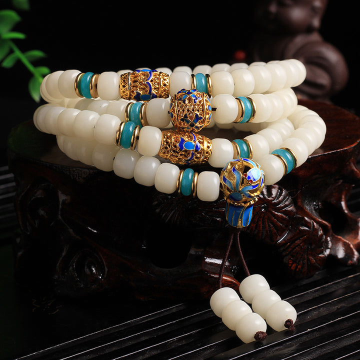 Buddha Stones Naturalne Białe Nasiona Bodhi Mala 108 Koralików Bransoletka Bogactwa