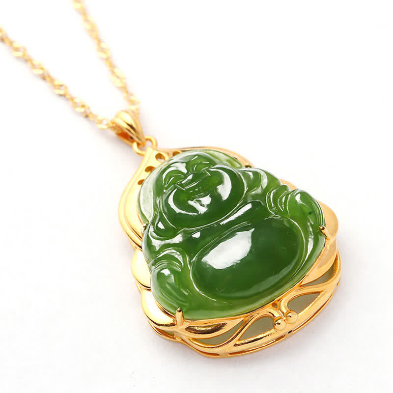 925 Srebro Sterling Naturalny Hetian Cyan Jade Śmiejący się Budda 18K Złoty Naszyjnik Uzdrawiający Łańcuszek Wisiorek - image 10