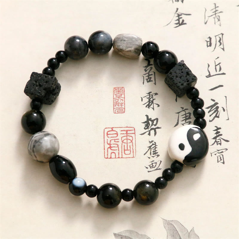 Bransoletka ochronna z Buddha Stones z czarnego onyksu i koralikami z jaspisu Picasso Yin Yang
