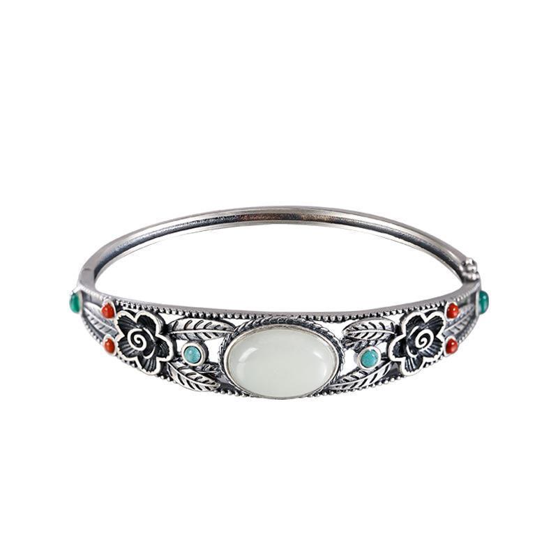 Buddha Stones Cyjan Jade Biały Jade Kwiat Liść Harmonia Szczęście Bransoletka Bangle