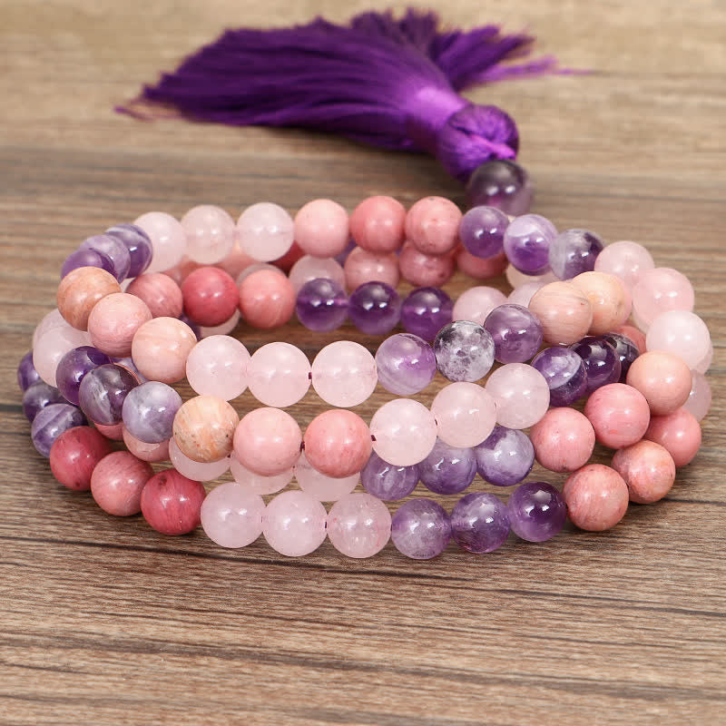 Buddha Stones 108 Mala Beads Ametyst Różowy Kwarc Duchowe Uzdrawiające Bransoletka z Chwostem