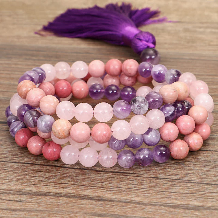 Buddha Stones 108 Mala Beads Ametyst Różowy Kwarc Duchowe Uzdrawiające Bransoletka z Chwostem